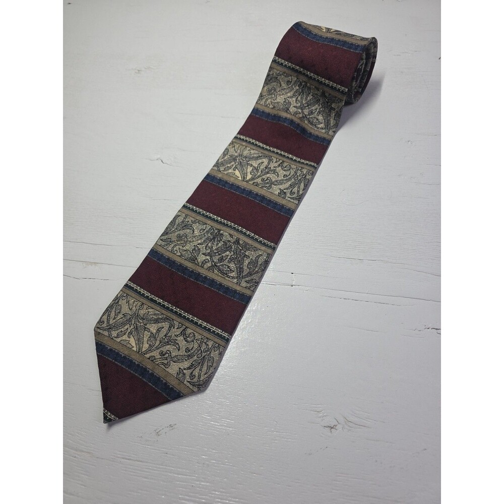 Vintage The Cotswold Collection Paisley Silk Striped Tie Burgundy Navy Beige